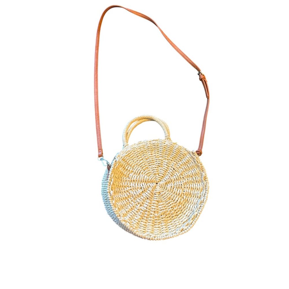 Round Straw Crossbody Bag Tan‎ Leather Strap & Handles Coastal Summer Boho